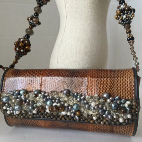 GOOD CONDITION Vintage Brown Snake Skin Jeweled Shoulder Bag - Picture 2 of 4